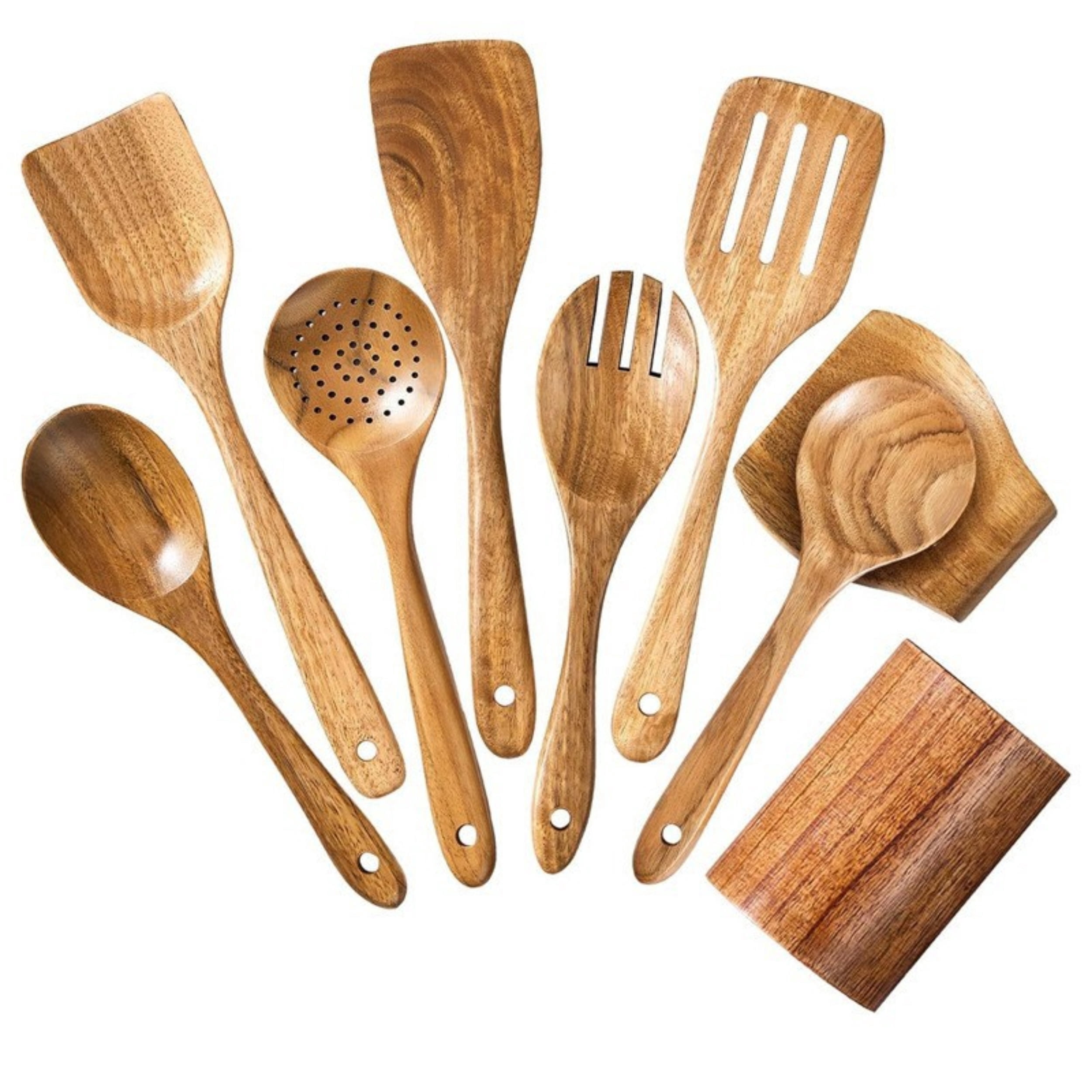 QOPR 9-Piece Teak Wood Wooden Utensil Set with Utensil Holder, Wooden Spoons for Cooking, Kitchen Utensils Set for Kitchen and Dining