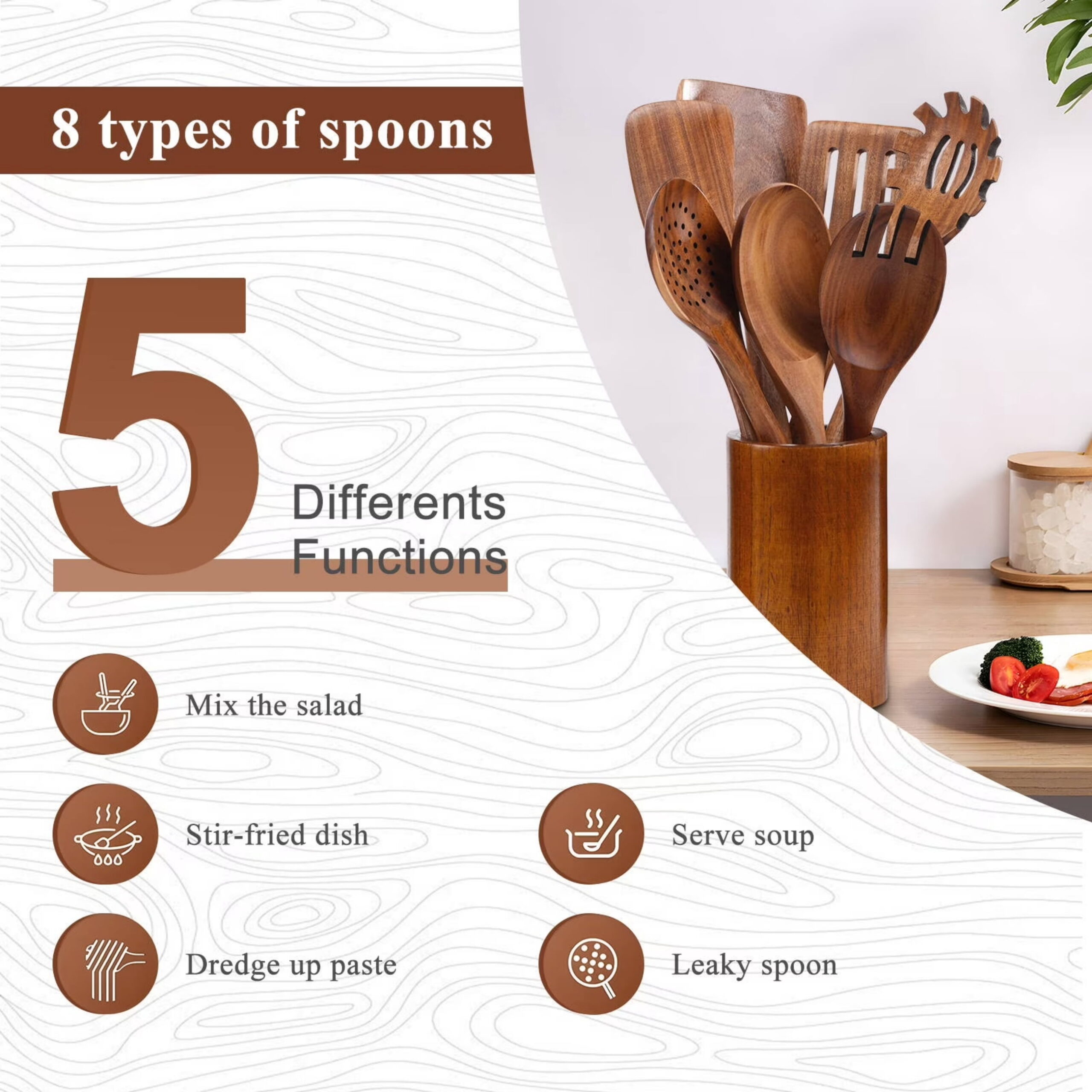 QOPR 9-Piece Teak Wood Wooden Utensil Set with Utensil Holder, Wooden Spoons for Cooking, Kitchen Utensils Set for Kitchen and Dining - Image 2