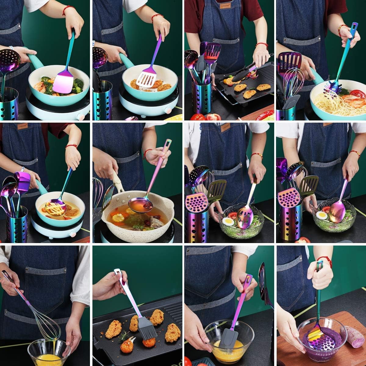Rainbow Kitchen Utensils Set,13 Pieces Stainless Steel Cooking Utensils Set With Titanium Rainbow Plating,Kitchen Tools Set With Utensil Holder For Non-Stick Cookware Dishwasher Safe (13 Packs) - Image 3