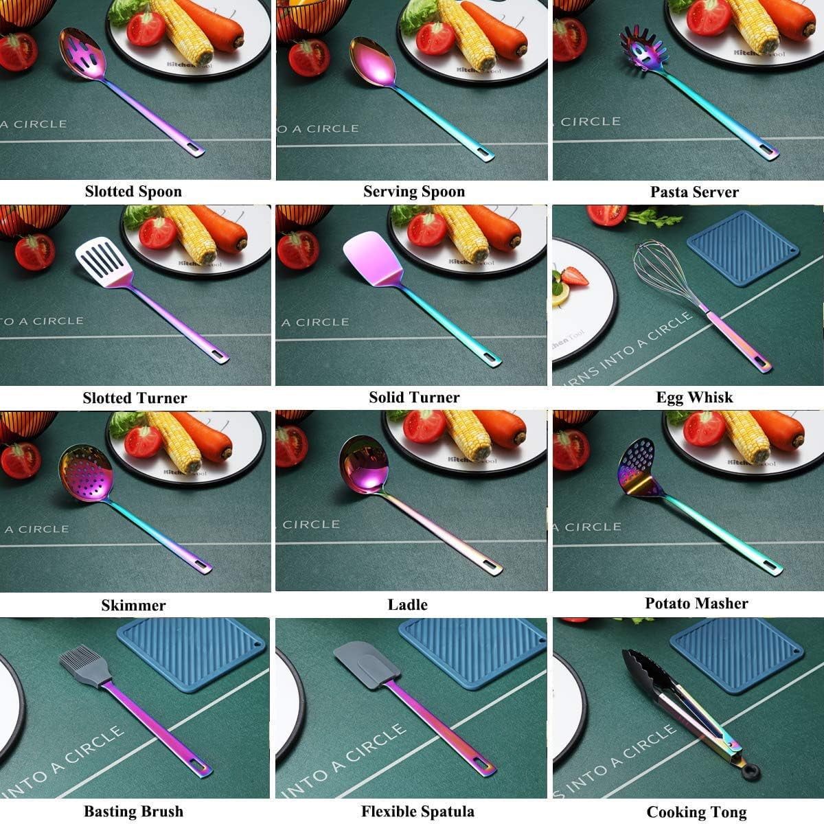 Rainbow Kitchen Utensils Set,13 Pieces Stainless Steel Cooking Utensils Set With Titanium Rainbow Plating,Kitchen Tools Set With Utensil Holder For Non-Stick Cookware Dishwasher Safe (13 Packs) - Image 4