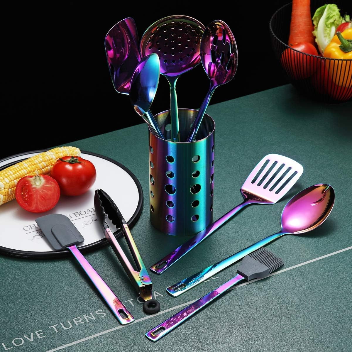 Rainbow Kitchen Utensils Set,13 Pieces Stainless Steel Cooking Utensils Set With Titanium Rainbow Plating,Kitchen Tools Set With Utensil Holder For Non-Stick Cookware Dishwasher Safe (13 Packs) - Image 2