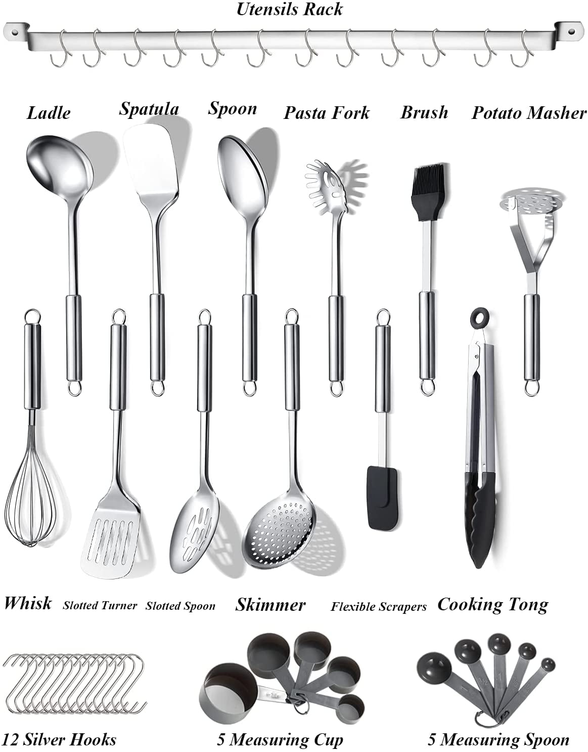 ReaNea Kitchen Utensils Set 37 Pieces, Stainless Steel Cooking Utensils Set, Kitchen Gadgets Cookwarewith Hooks For Hanging Kitchen Tool Set - Image 3