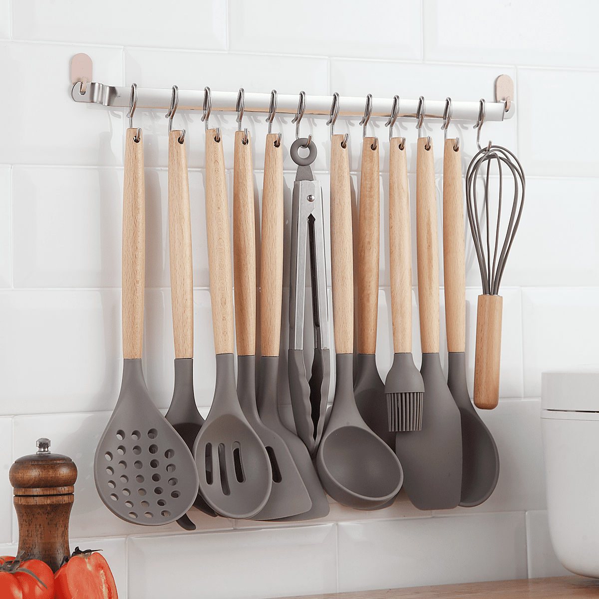 ReaNea Silicone Kitchen Utensils Set 38 Pieces, Non-Stick Cooking Utensils Set with Muti-Use Hooks and Utensil Racks(Gray) - Image 4