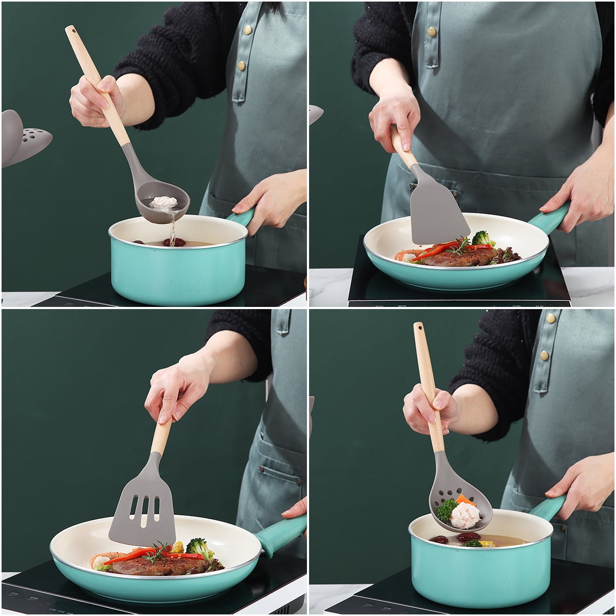 ReaNea Silicone Kitchen Utensils Set 38 Pieces, Non-Stick Cooking Utensils Set with Muti-Use Hooks and Utensil Racks(Gray) - Image 5