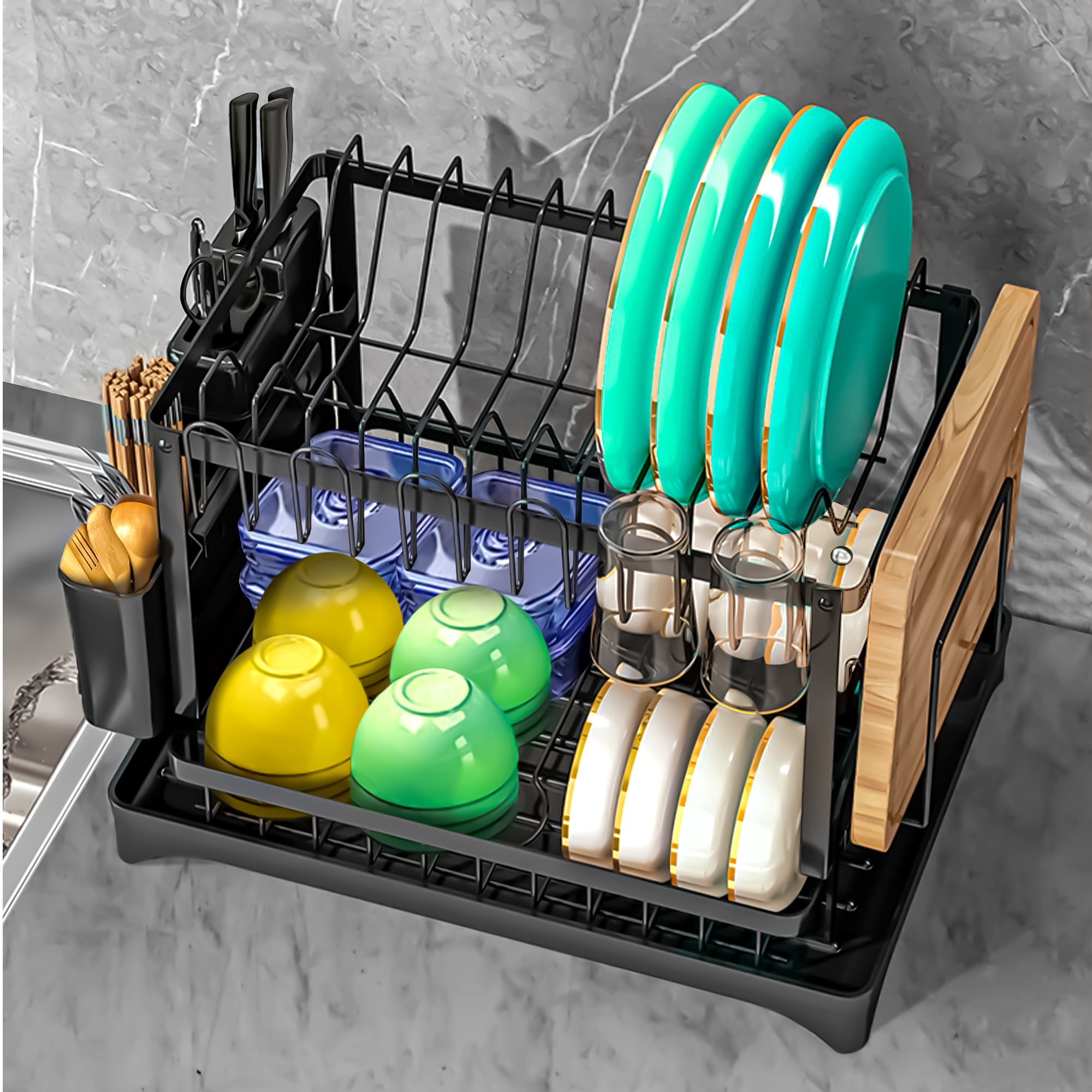 Riousery 2-Tier Stainless Steel Dish Rack with Auto Drainage System, Kitchen Dish Drainer, Utensil Holder, Cutting Board Holder, Black - Image 2