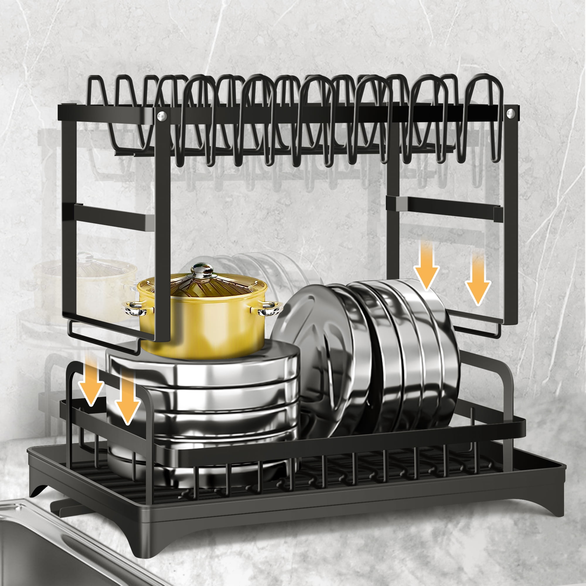 Riousery 2-Tier Stainless Steel Dish Rack with Auto Drainage System, Kitchen Dish Drainer, Utensil Holder, Cutting Board Holder, Black - Image 4