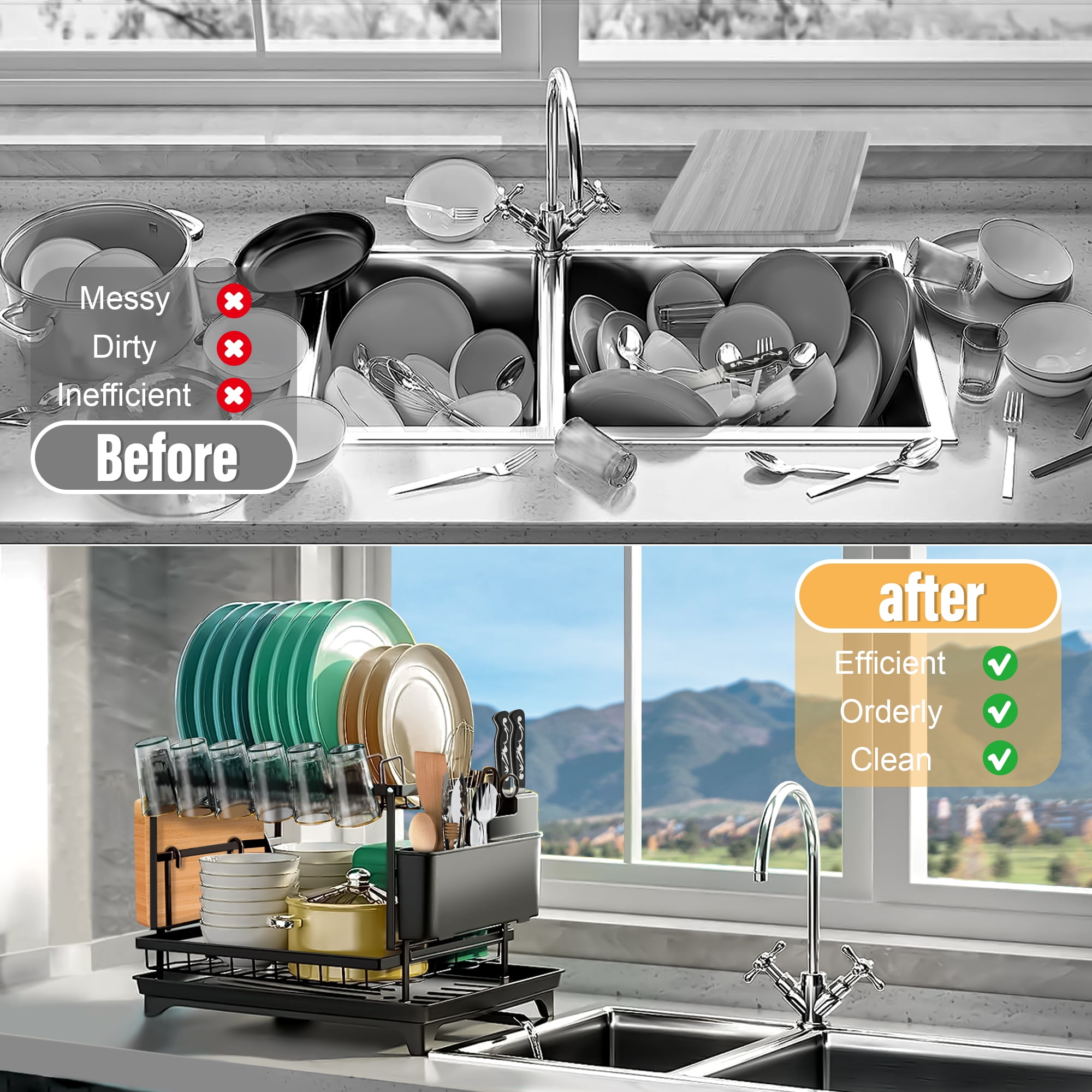 Riousery 2-Tier Stainless Steel Dish Rack with Auto Drainage System, Kitchen Dish Drainer, Utensil Holder, Cutting Board Holder, Black - Image 5