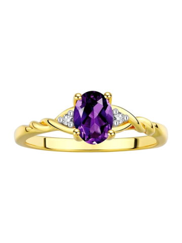 RYLOS Rings for Women 14K Gold Plated Silver Classic Style Birthstone Ring 7X5MM Oval Gemstone & Diamonds February Amethyst Jewelry for Women Size 5