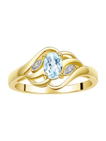 RYLOS Rings for Women 14K Gold Plated Silver Ring Classic Style Birthstone Ring 6X4MM Gemstone & Diamonds Aquamarine Jewelry for Women Size 5
