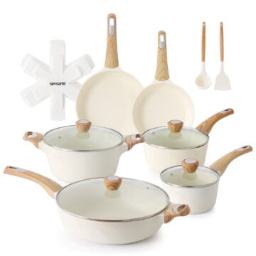 SENSARTE 19-Piece Ceramic Pots and Pans Set, White Nonstick Cookware Set, Healthy Kitchen Cooking Sets with Stay-Cool Handles, Induction Compatible, Stackable