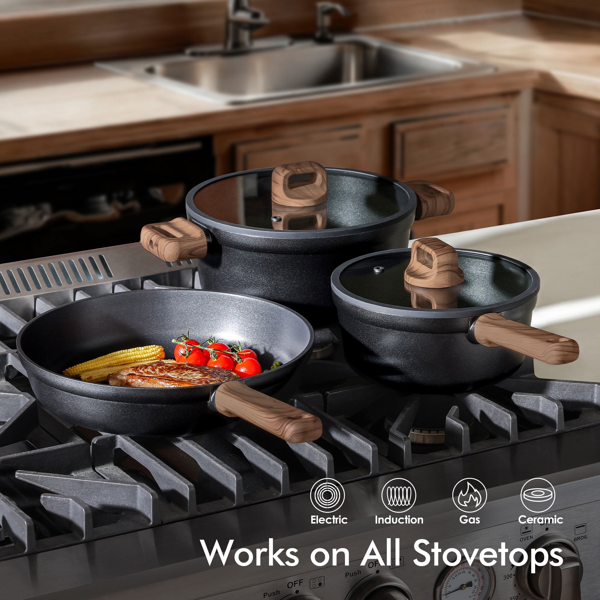 SENSARTE 24-Piece Nonstick Pots and Pans Set, Black Titanium Induction Cookware Set, Healthy Kitchen Cooking Sets with Stay-Cool Handles, Dishwasher & Oven Safe, Stackable - Image 2