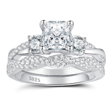 SFTING Wedding Rings for Women 925 Sterling Silver 5A CZ Engagement Rings for Women Three Stones Princess Cut Anniversary Size 7