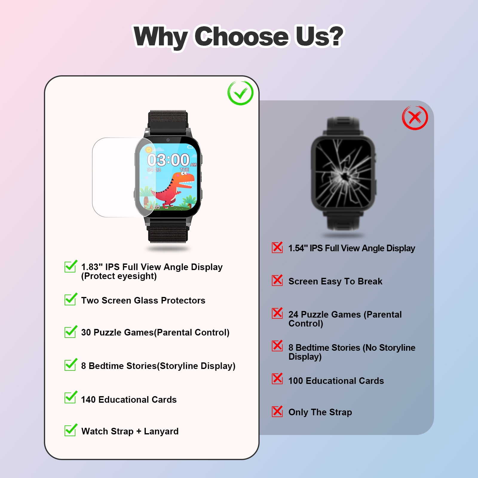 SHANNA Kids Smart Watch for Boys Girls Aged 4-12, 1.83'' HD Touch Screen with 30 Games and 140 Learning Cards, Music Player Camera Pedometer Story Telling, Black - Image 2