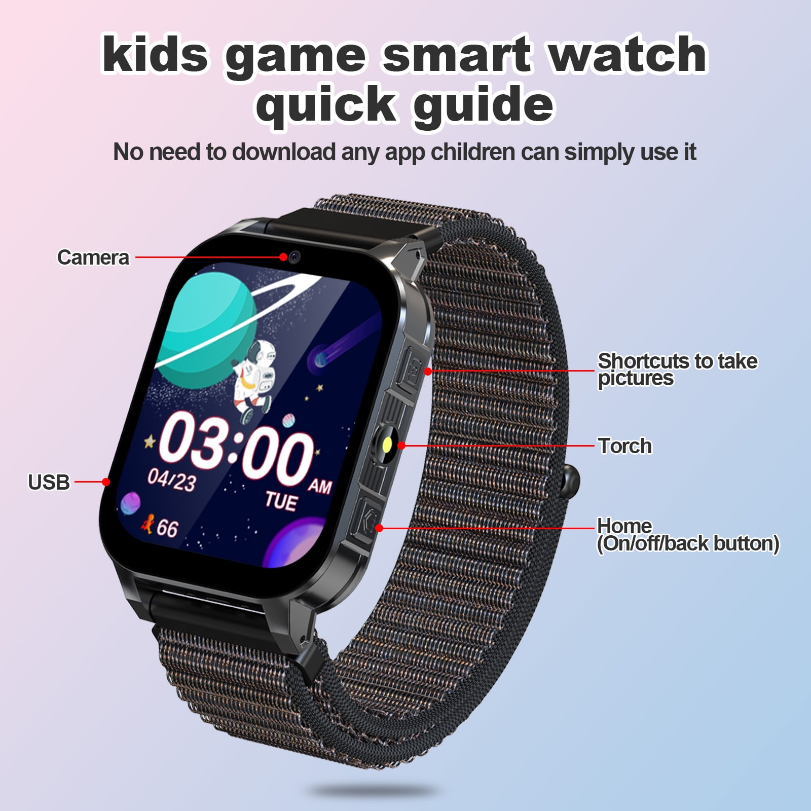 SHANNA Kids Smart Watch for Boys Girls Aged 4-12, 1.83'' HD Touch Screen with 30 Games and 140 Learning Cards, Music Player Camera Pedometer Story Telling, Black - Image 4