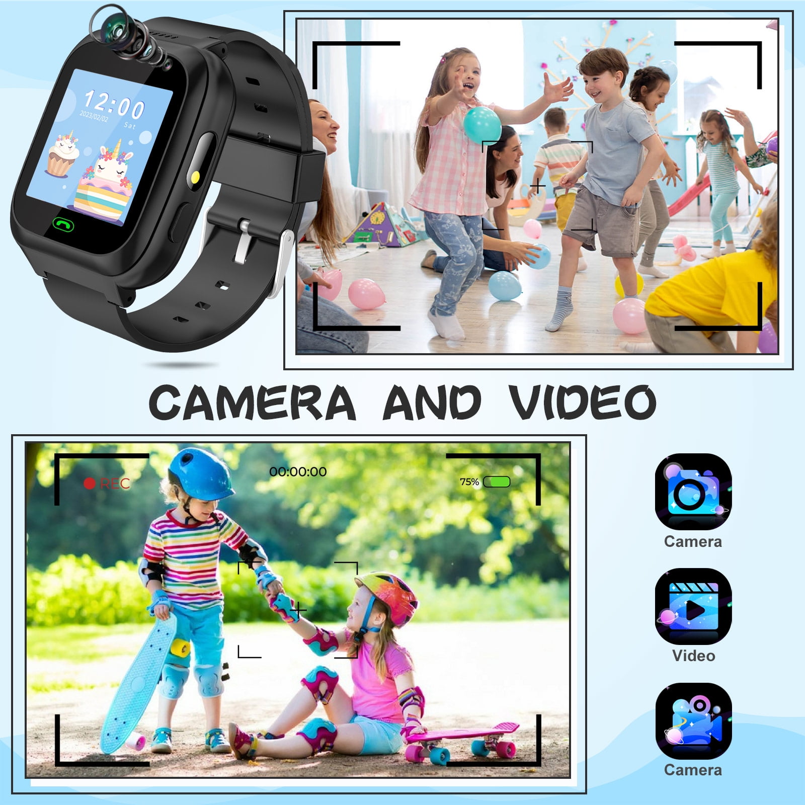 SHANNA Smart Watch for Kids, Kids Smartwatches Phone with Text and Call, Games Camera Alarm Flashlight Music Player for 3-12 Boys Girls, Black - Image 5