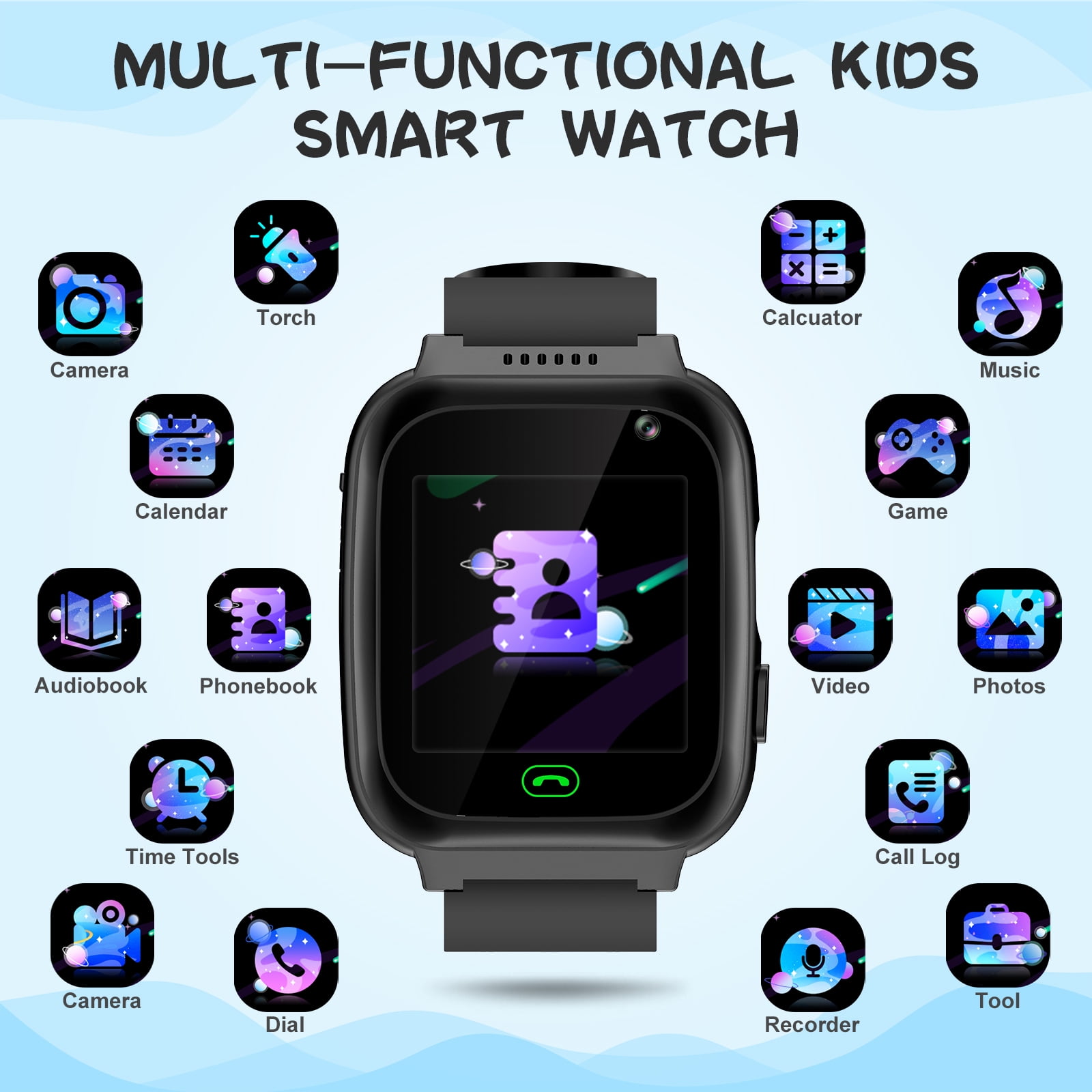 SHANNA Smart Watch for Kids, Kids Smartwatches Phone with Text and Call, Games Camera Alarm Flashlight Music Player for 3-12 Boys Girls, Black - Image 3