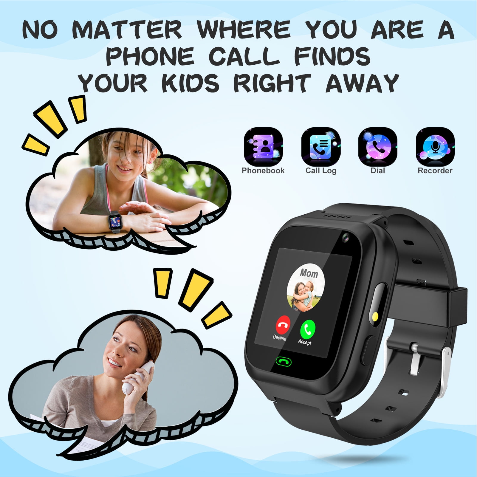 SHANNA Smart Watch for Kids, Kids Smartwatches Phone with Text and Call, Games Camera Alarm Flashlight Music Player for 3-12 Boys Girls, Black - Image 2