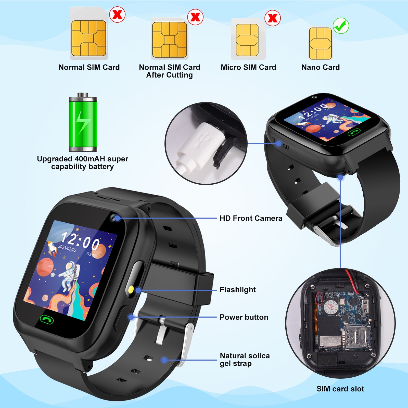 SHANNA Smart Watch for Kids, Kids Smartwatches Phone with Text and Call, Games Camera Alarm Flashlight Music Player for 3-12 Boys Girls, Black - Image 4