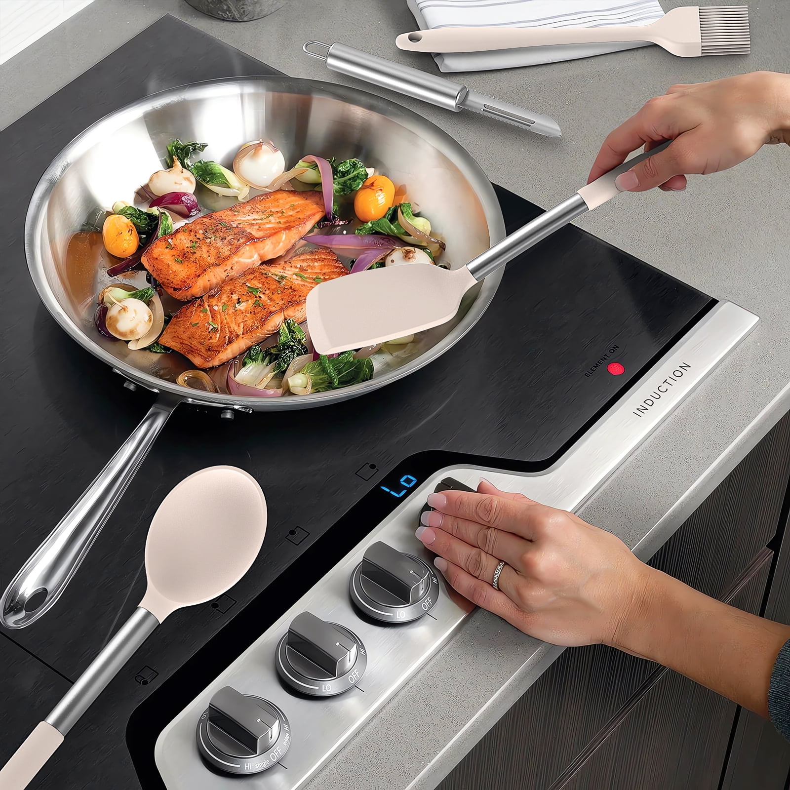 Silicone Cooking Utensils Set - Heat Resistant Silicone Kitchen Utensils for Cooking, Kitchen Utensil Spatula Set,BPA FREE Kitchen Gadgets Tools for Non-Stick Cookware Dishwasher Safe (Khaki) - Image 5