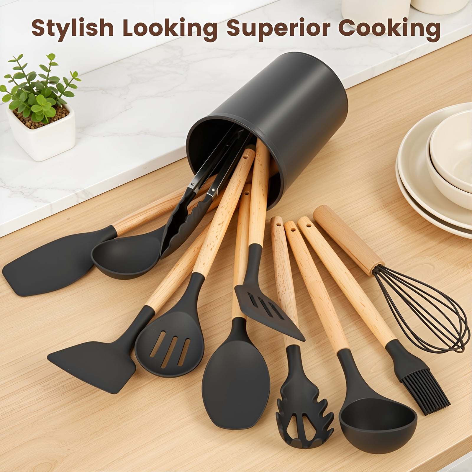Silicone Cooking Utensils Set with Holder, 44 PCS Kitchen Utensils Set, Silicone Kitchen Gadgets Spatulas Set for Nonstick Cookware, Black - Image 4