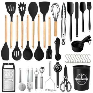 Silicone Cooking Utensils Set with Holder, 44 PCS Kitchen Utensils Set, Silicone Kitchen Gadgets Spatulas Set for Nonstick Cookware, Black