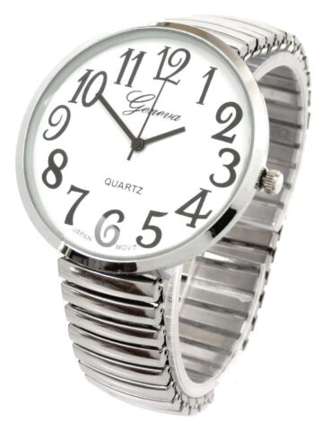 Silver Super Large Face Easy to Read Stretch Band Expansion Watch NIB