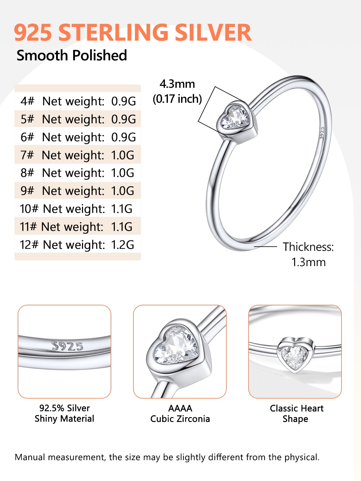 Silvora 3mm Sterling Silver Rings for Women Thin Engagement Promise Ring Heart Cubic Zirconia Stackable Thumb Pinky Band Non Tarnish Jewelry Size 8 - Image 4