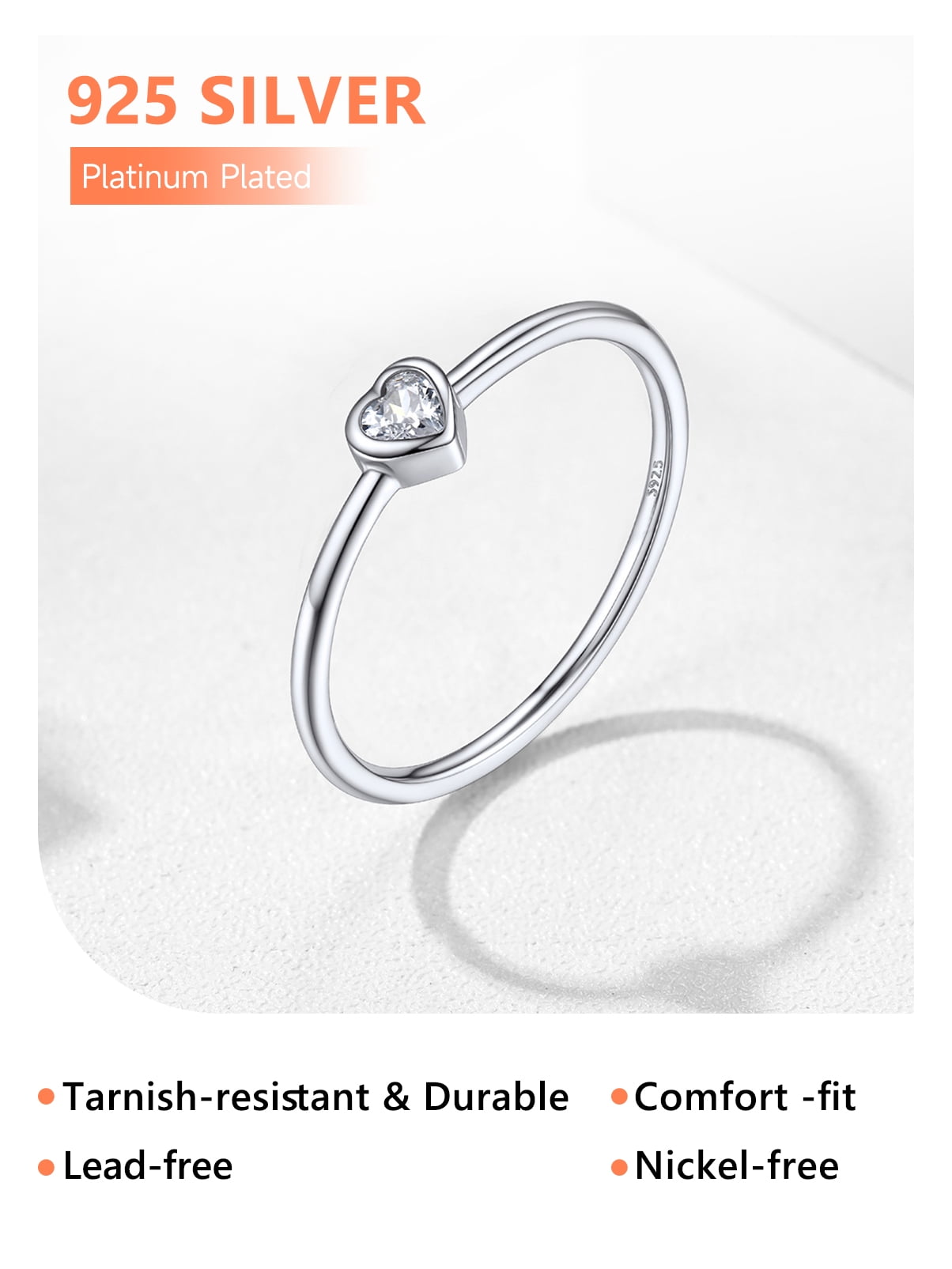 Silvora 3mm Sterling Silver Rings for Women Thin Engagement Promise Ring Heart Cubic Zirconia Stackable Thumb Pinky Band Non Tarnish Jewelry Size 8 - Image 3