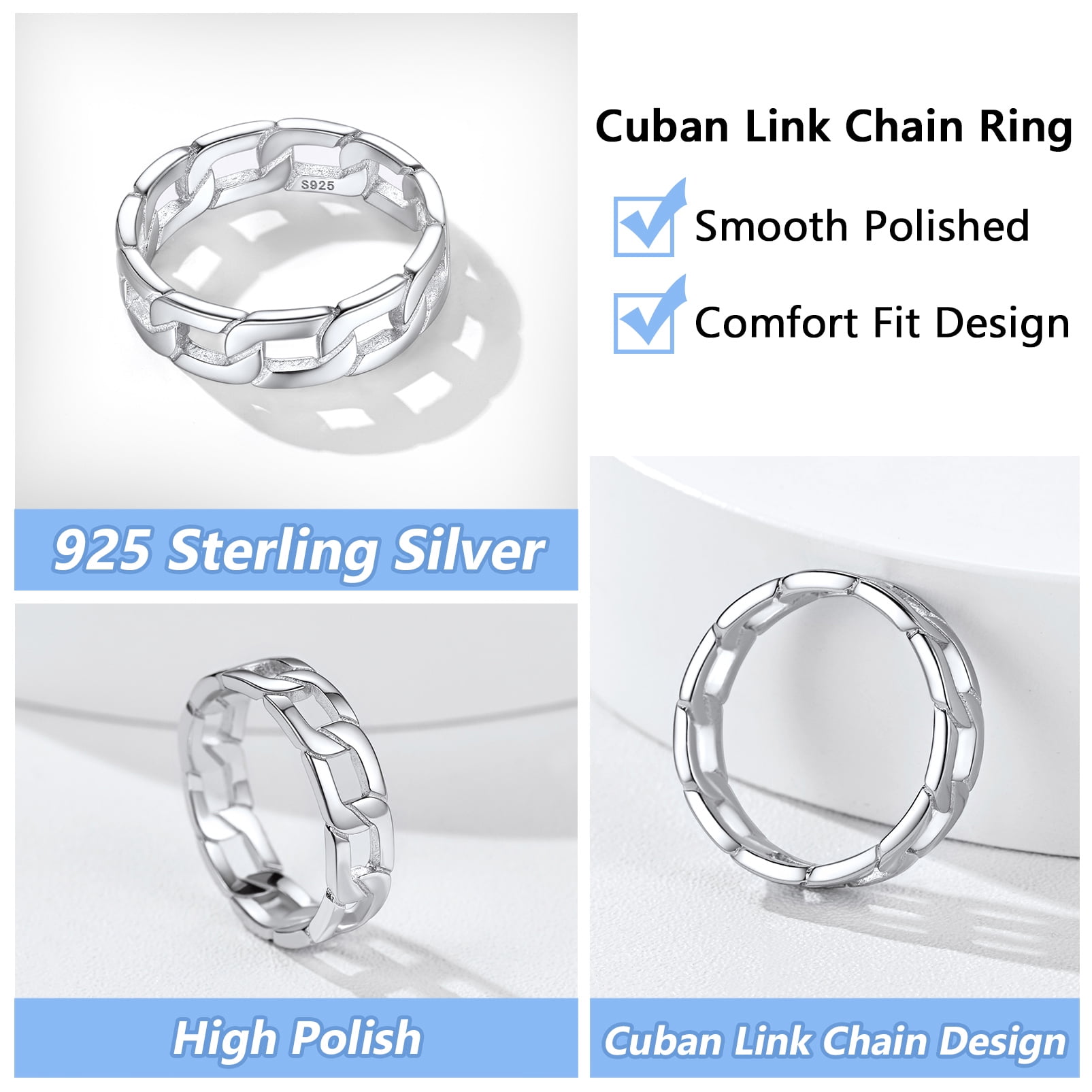 Silvora 925 Sterling Silver Cuban Link Rings for Women Men Birthday Christmas Jewelry Gift, Size 9 - Image 5