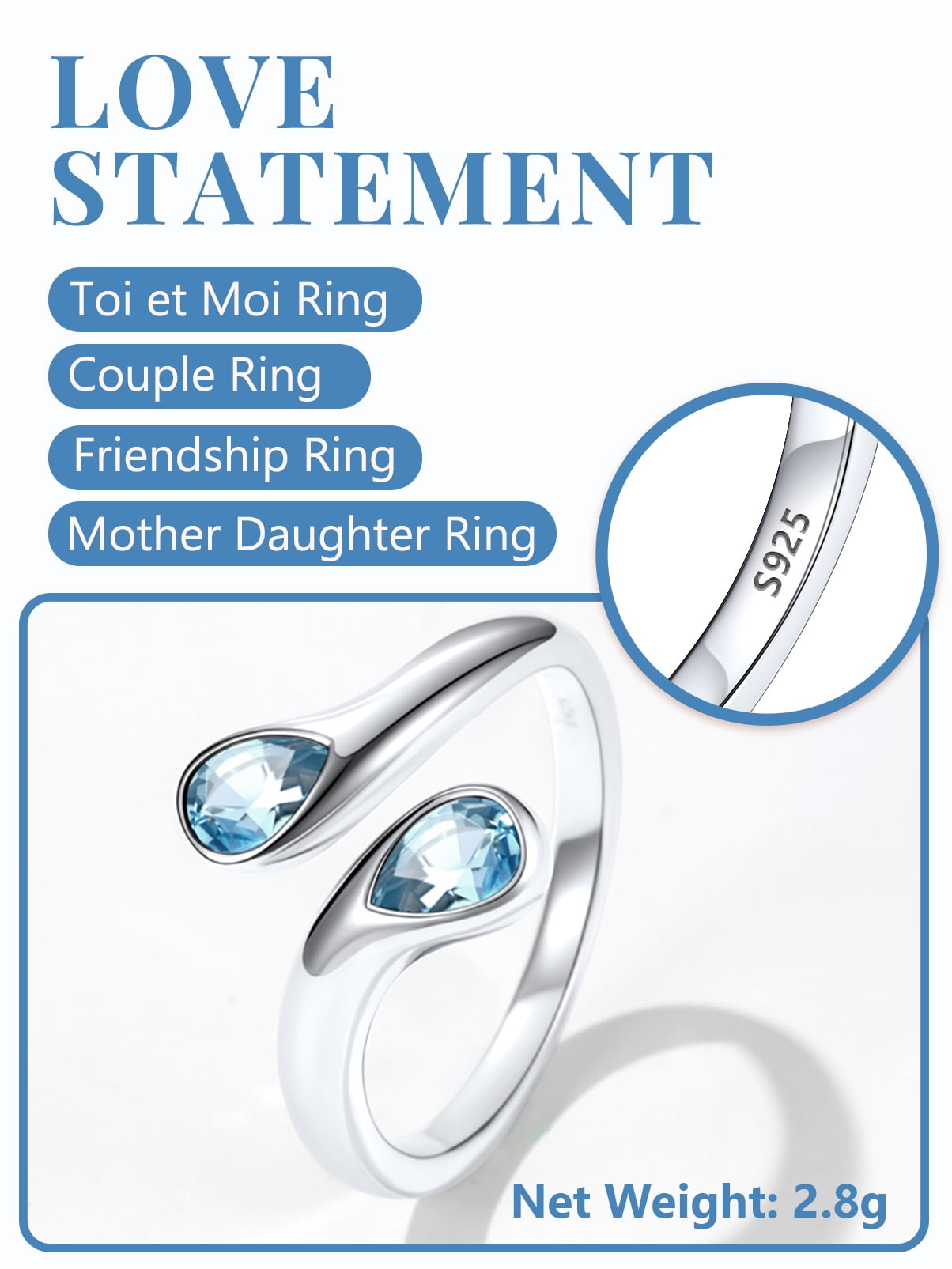 Silvora Sterling Silver Birthstone Rings for Women Pear Shaped Blue Aquamarine Open Ring Birthday Christmas Jewelry Gift for Wife Mother Girlfriend, March - Image 3