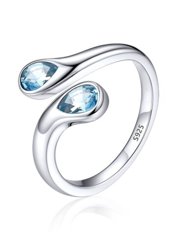 Silvora Sterling Silver Birthstone Rings for Women Pear Shaped Blue Aquamarine Open Ring Birthday Christmas Jewelry Gift for Wife Mother Girlfriend, March