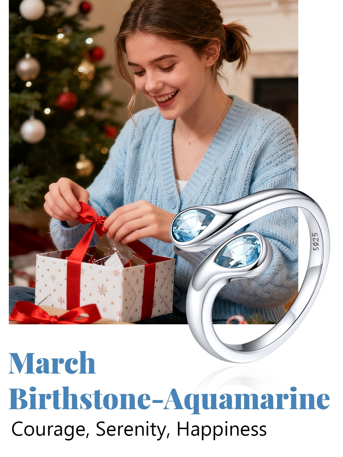Silvora Sterling Silver Birthstone Rings for Women Pear Shaped Blue Aquamarine Open Ring Birthday Christmas Jewelry Gift for Wife Mother Girlfriend, March - Image 5