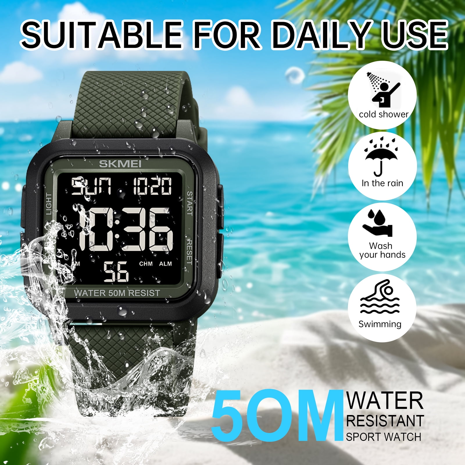 SKMEI Men Digital Sports Watch Ultra-Thin Large Face Waterproof Wrist Watches for Men with Stopwatch Countdown Timer Alarm Function Dual Time LED Back Light - Image 3