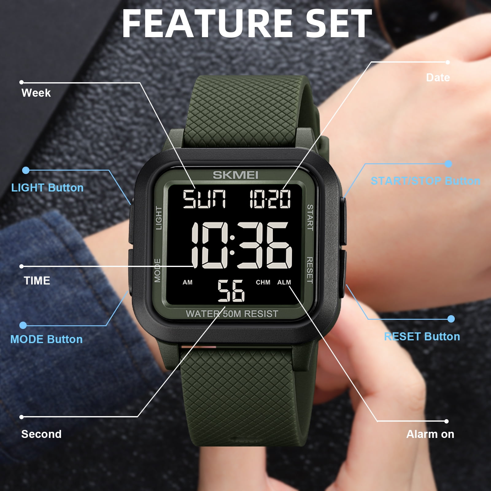 SKMEI Men Digital Sports Watch Ultra-Thin Large Face Waterproof Wrist Watches for Men with Stopwatch Countdown Timer Alarm Function Dual Time LED Back Light - Image 5