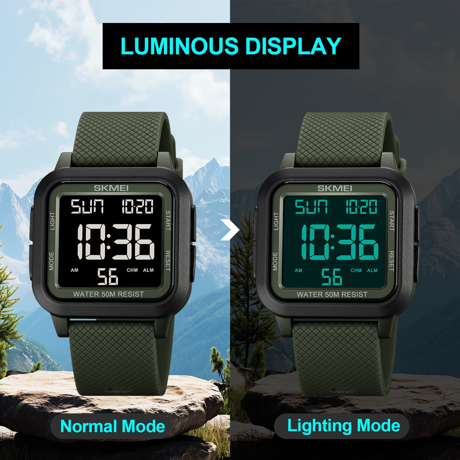 SKMEI Men Digital Sports Watch Ultra-Thin Large Face Waterproof Wrist Watches for Men with Stopwatch Countdown Timer Alarm Function Dual Time LED Back Light - Image 4