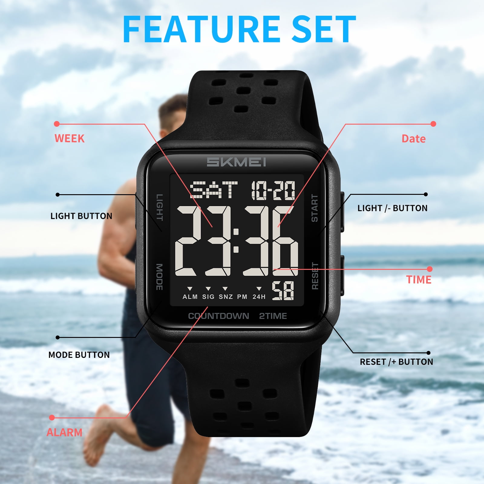 SKMEI Mens Watch Digital Outdoor Sports Waterproof Large Face Wrist Watches for men with LED Back Ligh/Alarm/Stopwatch - Image 2