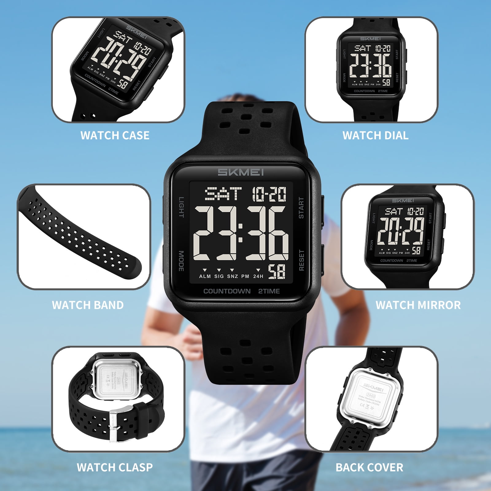 SKMEI Mens Watch Digital Outdoor Sports Waterproof Large Face Wrist Watches for men with LED Back Ligh/Alarm/Stopwatch - Image 3