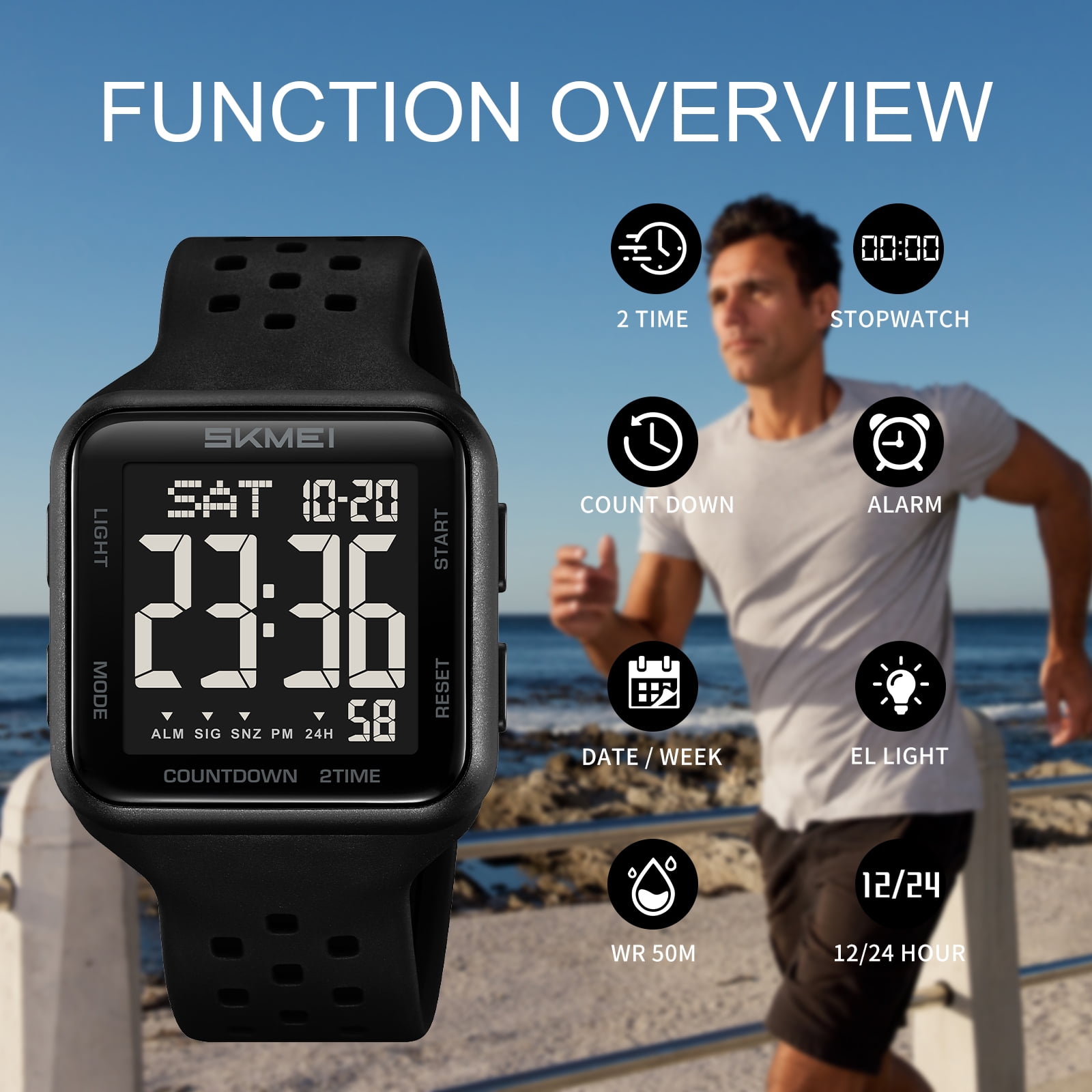 SKMEI Mens Watch Digital Outdoor Sports Waterproof Large Face Wrist Watches for men with LED Back Ligh/Alarm/Stopwatch - Image 4
