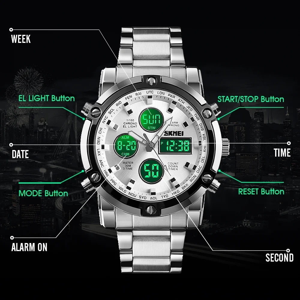 SKMEI Mens Wrist Watch, Waterproof Military Analog Digital Watches with LED Multi Time Chronograph, Stainless Steel Business Quartz Watches for Men - Image 3