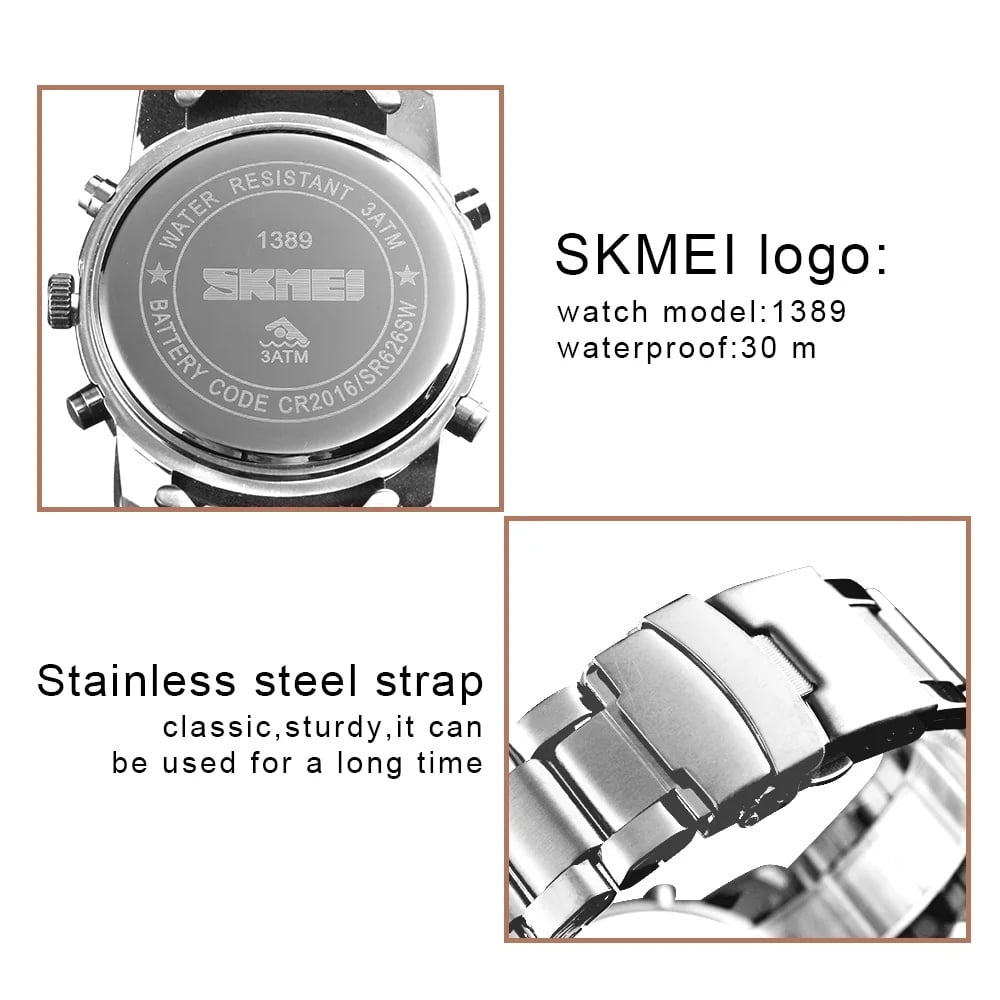 SKMEI Mens Wrist Watch, Waterproof Military Analog Digital Watches with LED Multi Time Chronograph, Stainless Steel Business Quartz Watches for Men - Image 4