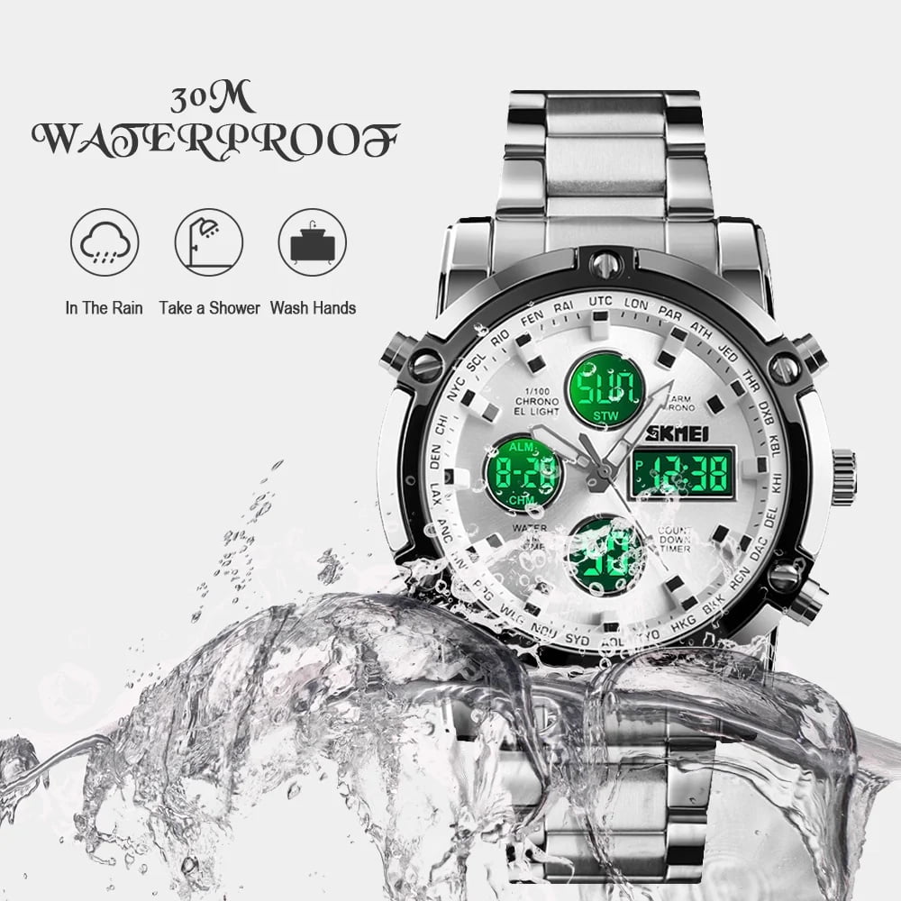 SKMEI Mens Wrist Watch, Waterproof Military Analog Digital Watches with LED Multi Time Chronograph, Stainless Steel Business Quartz Watches for Men - Image 5