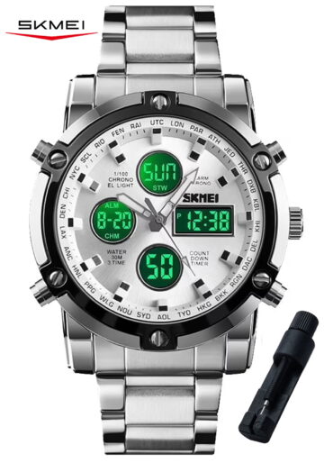 SKMEI Mens Wrist Watch, Waterproof Military Analog Digital Watches with LED Multi Time Chronograph, Stainless Steel Business Quartz Watches for Men