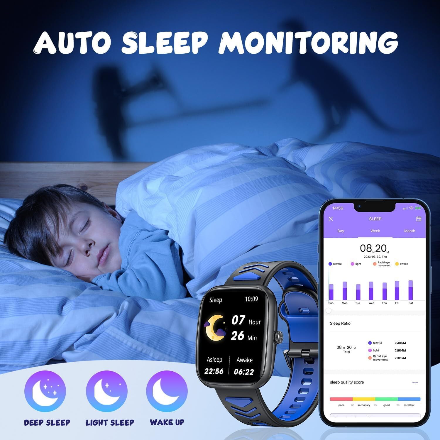 1.75" Smart Watch for Kids with Fitness Tracker, Sleep Monitor, Sports Calling , DIY Dial, IP67 Waterproof, Step Counter, Puzzle Games, Alarm Clock, with APP, Gift for 4-15 Years Old Boys and Girls - Image 4