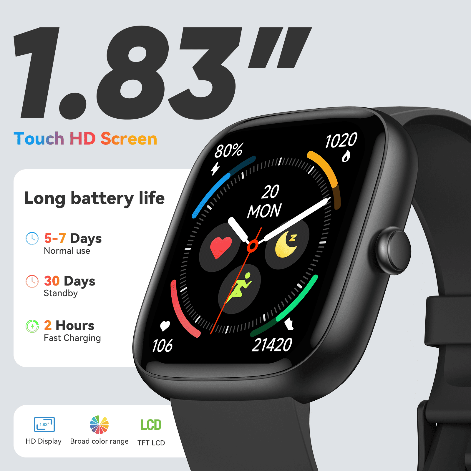 Smart Watches for Men Women (Answer/Make Calls), 1.83" Touchscreen Fitness Watch with 110+ Sport Modes, Fitness Tracker, IP68 Waterproof Smartwatch for Android Ios Black - Image 3