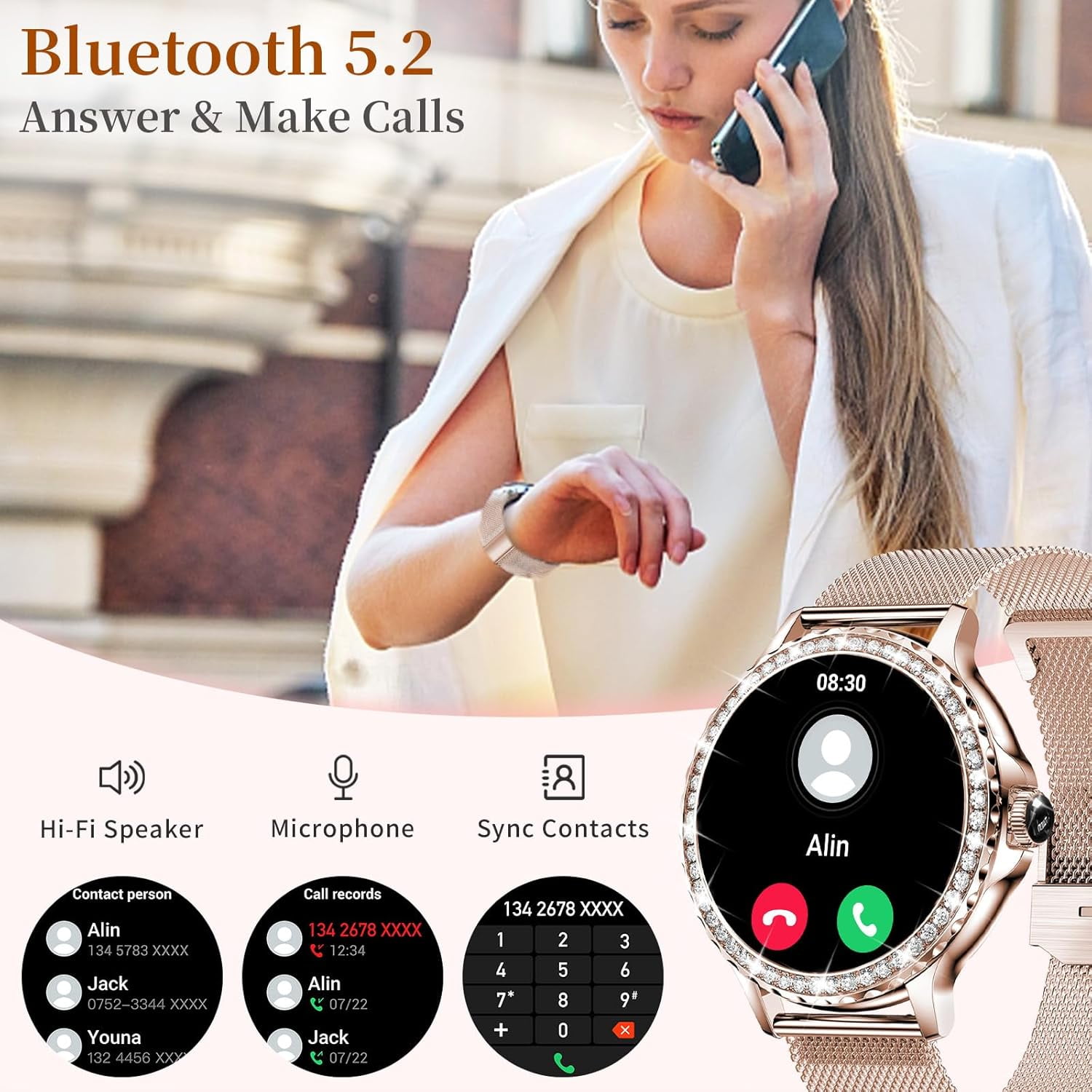 Smart Watches for Women (Answer/Make Call) with Diamonds, 1.3”HD Screen Bluetooth Smartwatch for Android iOS Phones, IP68 Waterproof Fitness Activity - Image 4