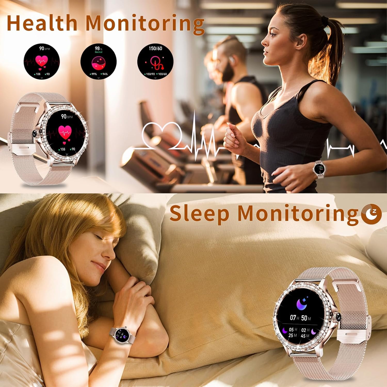 Smart Watches for Women (Answer/Make Call) with Diamonds, 1.3”HD Screen Bluetooth Smartwatch for Android iOS Phones, IP68 Waterproof Fitness Activity - Image 2