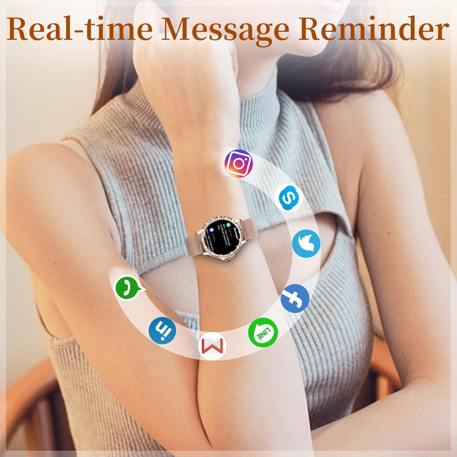 Smart Watches for Women (Answer/Make Call) with Diamonds, 1.3”HD Screen Bluetooth Smartwatch for Android iOS Phones, IP68 Waterproof Fitness Activity - Image 3