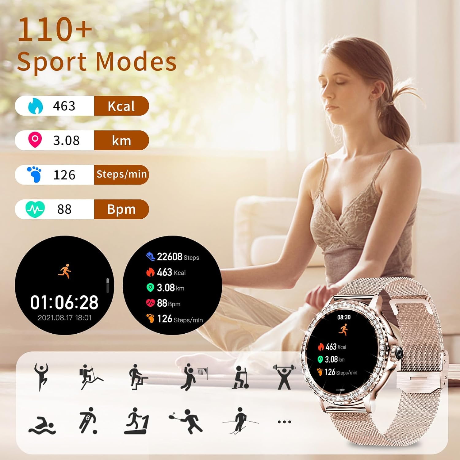 Smart Watches for Women (Answer/Make Call) with Diamonds, 1.3”HD Screen Bluetooth Smartwatch for Android iOS Phones, IP68 Waterproof Fitness Activity - Image 5
