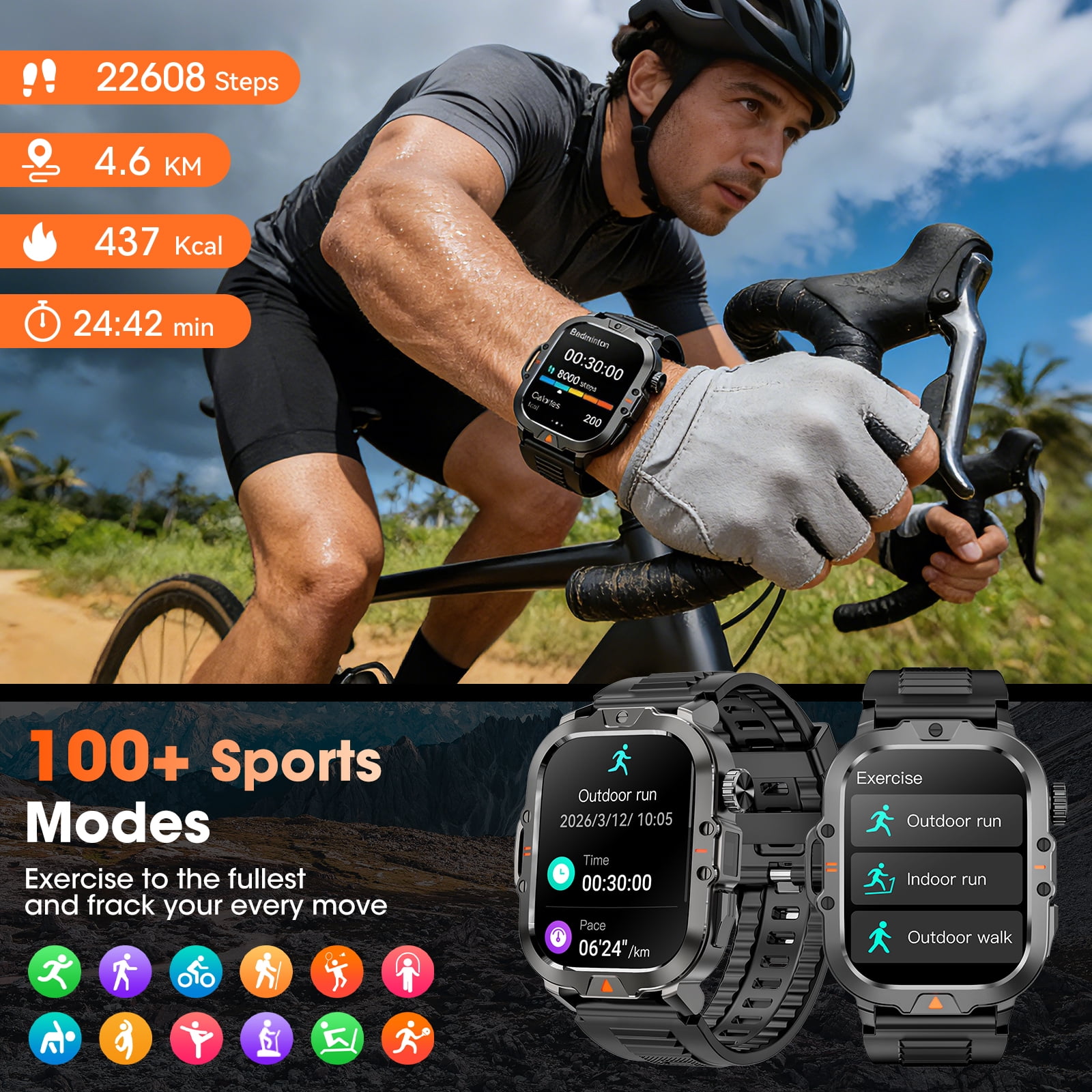 Smartwatch for Men with Fitness Tracker, 2.01-inch Answer/Make Calls/100+ Sport Modes, IP68 Waterproof, men's Military Smartwatch compatible with Android IPhone Devices (Black) - Image 5