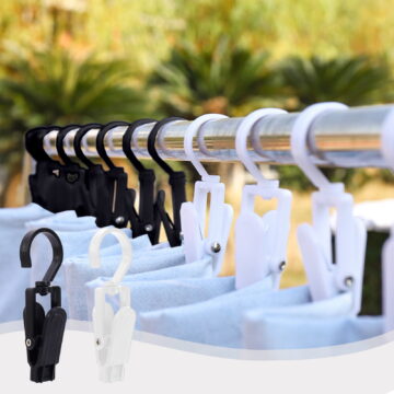 Super Strong Rotating Hook Laundry Clip Plastic | 360° Swivel Curtain Clothespin | Non-Slip Clamp for Beach Towel, Hats, Pants, Towels | Durable Black or White | 4.13" | Single Piece
